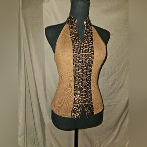 Brown haulter top with Chrome sequin and beading. Size Small
